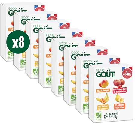 GOOD GOÛT - Gourdes Variety Fruits - 4 Compotes Bébé - Dès 4 Mois - Sans Sucres Ajoutés - Fabriqué En France - 4x120g - Lot de 8