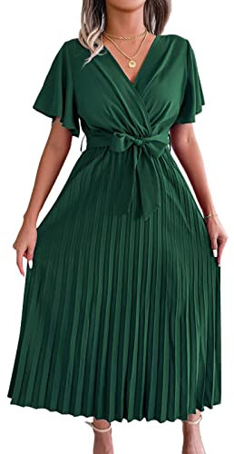 Women's Elegant Belted Pleated Flounce Sleeve Long Dress Wrap V Neck A-Line Pleated Hem Flowy Swing Midi Dresse (Green, X-Large)