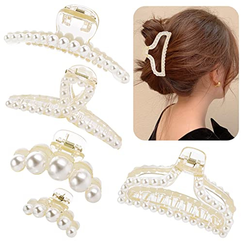 Lusofie 5 Pcs Pearl Claw Clips, Styling Hair Clips Strong Hold Hair Jaw Clips Large Pearl Hair Clips for Thick Hair Accessories for Women and Girls