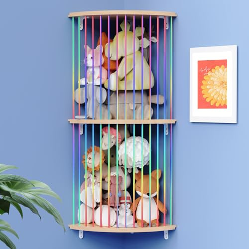 VOMELON Stuffed Animal Storage Hammock, Wood Stuffed Toy Holder, Playroom Nursery Toy Storage Organizer, Decorative Wall Hanging Caddy Corner Stuffed Animal Net, Soft Toy Net for Kids Room Décor