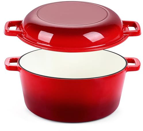 P&P CHEF 2 In 1 Red Dutch Oven Pot with Lid for Bread Baking, 5Qt
