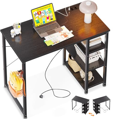ODK Kleiner Schreibtisch, 80x40x75cm Computertisch Klein mit 3 Steckdose und USB Ladeanschluss, PC Tisch mit Umkehrbarem Regal Kinder Schreibtisch fürs Büro, Wohnzimmer, Schwarz