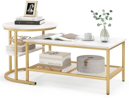 CASART Nesting Tables Set of 2, Space Saving Coffee Table with Marble Tabletop, Mesh Shelf & Adjustable Foot Pads, Metal Frame Stackable Side Tea Table for Living Room Bedroom Office (Gold + White)