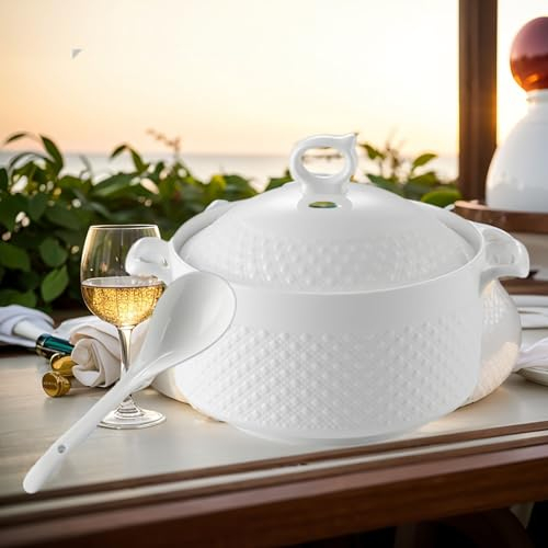 Ceramic Soup Tureen with Lid and Spoon - Floral Pattern for Restaurants Home Parties Kitchen - Compact Microwave Tableware