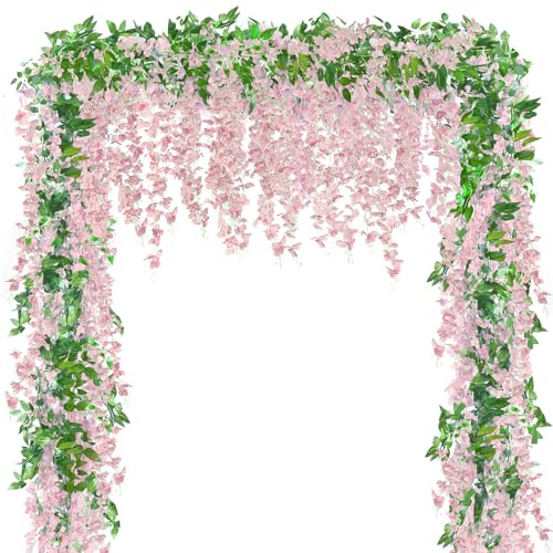 Sggvecsy 6Pcs Wisteria Garland Artificial Flowers Garland Fake Hanging Wisteria Vines Rattan Silk Hanging Flower Vines for Home Garden Outdoor Wedding Arch Party Ceremony Total 35.4Ft (Pink)