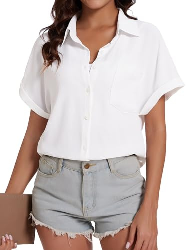 Kiiwah Chemisier Femme Blanc Chic et Élégant Blouse Casual à Manche Courte avec Poche Manchette Pliée, Respirant et Confortable pour Été