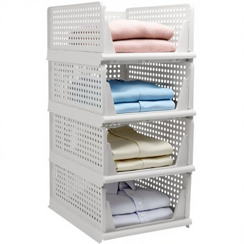Goderewild Stackable Foldable Storage Baskets, Folding Storage Bins, Closet Organizers and Plastic Drawer Shelf Storage Container for Wardrobe, Cupboard, Kitchen, Bathroom, Office (White, 4L)