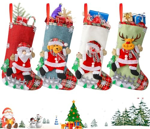 4er Set Weihnachtsstrumpf, Nikolausstrumpf, Nikolausstiefel Set, 30 cm Weihnachsstrumpf, Weihnachten Socken, Weihnachtssocken Deko Mit Weihnachtsmann, Schneemann, Rentier, Bär, Für Weihnachten Party