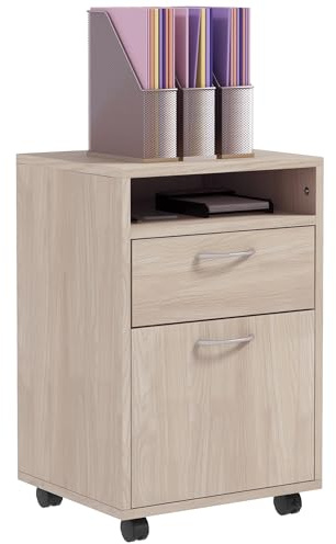HOMCOM Schedario da Ufficio con Cassetto, Armadietto, Ruote a Freno e Ripiano Aperto, Cassettiera Ufficio per Lettera/Legale/Formato A4, Armadio Verticale per Studio, 40x35x60 cm, Rovere