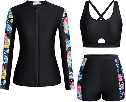 Kate Kasin Costume da bagno da donna con stampa floreale, 3 pezzi, con cerniera, protezione solare, sport acquatici, set tankini per surf e nuoto, nero, rosso, blu, motivo floreale, L