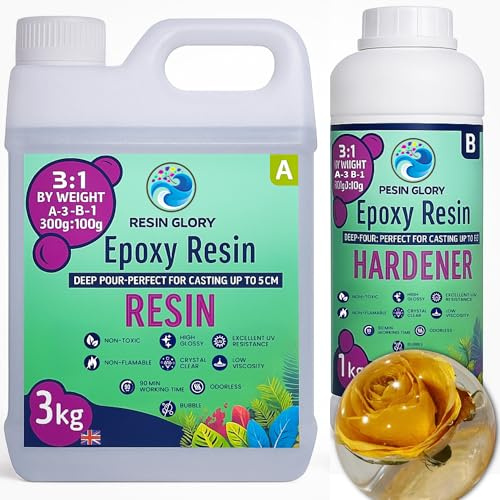 Resin Glory DEEP POUR Epoxy Resin Kit -3:1 Ratio 4kg- Crystal Clear Epoxy Resin for Art, Craft, Table Wood, Not Yellowing and Self Leveling