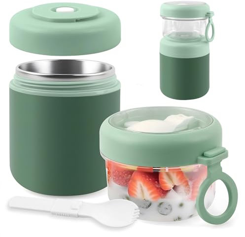 Veftsvy Porta Yogurt Termico 530ml+330ml, Acciaio Inossidabile Tazza Yogurt to Go, Riutilizzabile Porta Vogurt e Cereali con Cucchiaio, per Ufficio, Scuola, Campeggio (Verde)
