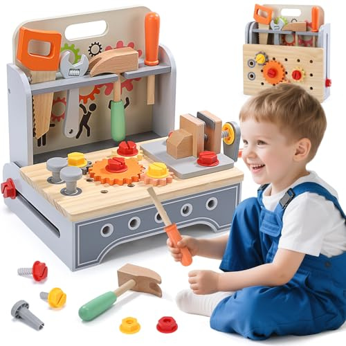 CUTE STONE 2-in-1 Werkzeugkoffer für Kinder – Werkbank & tragbare Bastelstation, Montessori Lernspielzeug für Rollenspiele ab 3 Jahren