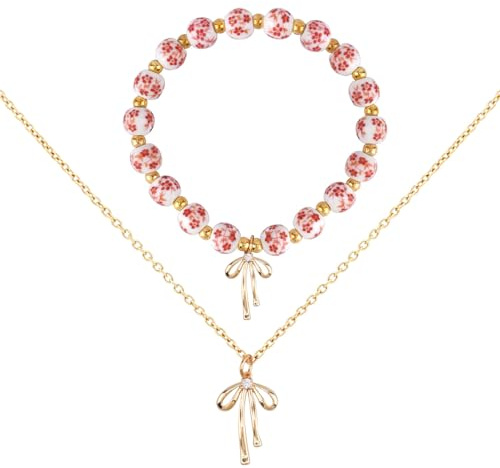 Rosettarmband Halsband Set, Inkluderar Rosett Pärlarmband & Rosetter Halsband Vintage Armband Smycken Presenter Romantiska Halsbands för Kvinnor (Rosa, Guld)