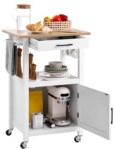 VEVOR Carrello da Cucina con Anta Singola, Carrello Mobile con Cassetto, Portasciugamani e Ganci, Tavolo Portatile con Ruote, Piccole Isole da Caffè, Supporto per Sala da Pranzo, Bianco