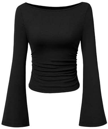 Sukiglam Maglietta Donna Maniche Lunghe a Campana Scollo a Barca in Maglia a Costine Elegante Magliette Slim Fit Basic T-Shirt Tinta Unita Blusa Casual Moda Pullover per Autunno Inverno Primavera