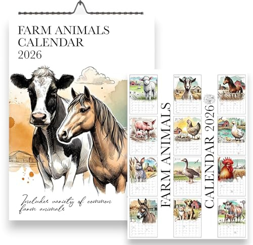 2026 Farm Animals Wall Calendar, A4 Size, Monthly Format with UK & US Holidays, Metal Binding, 21 x 29.7 cm, Animals on farm, Barn Animal, Handmade, Animal Calendars 2026