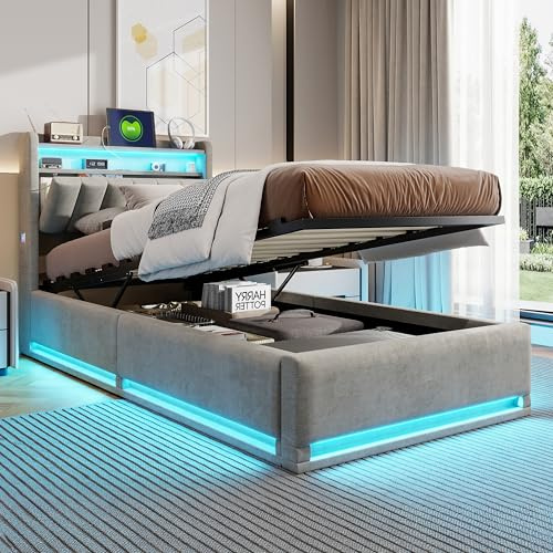 JiaOyu Letto imbottito singolo 90x200 cm, Letto contenitore idraulico con vano portaoggetti e testiera, Struttura del letto con rete a doghe, Letto per giovani/Letto funzionale con USB e funzione di