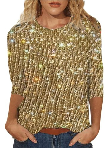 Hauts à paillettes scintillantes, hauts rouges à paillettes pour femme, t-shirt décontracté à col rond, pull tendance à paillettes, sweat-shirt basique à manches 3/4, tunique confortable pour soirée