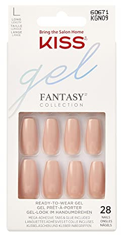 KISS Gel Fantasy Collection Glue-On Manicure Kit, Brighter Than The Sun, Medium Length Oval Fake Nails Includes 28 False Nails, Nail Glue, Nail File, and Manicure Stick