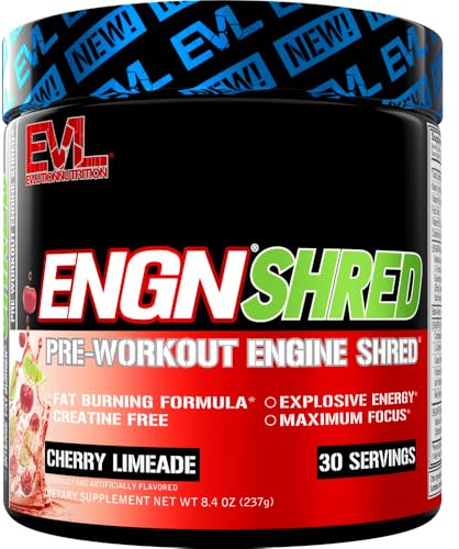 EVL Ultimate Pre Workout Powder - Thermogenic Fat Burner Preworkout Powder Drink for Lasting Energy Focus and Stamina - ENGN Shred Intense Fat Burning Creatine Free Preworkout Drink - Cherry Limeade