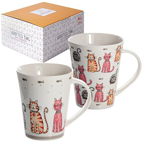 SPOTTED DOG GIFT COMPANY Set di 2 Tazze Gatto da Caffè in Ceramica 360 ml per Caffè e Tè, Tazze con Gatti Carine e Colorate, Regalo per Gattara, Donna e Uomo