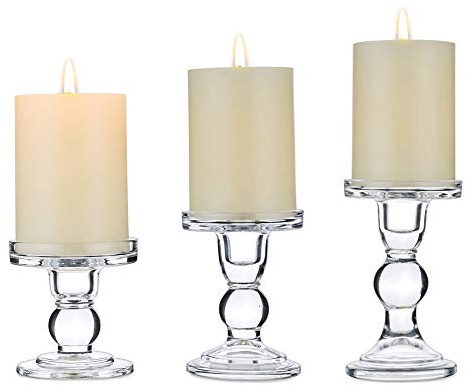 Nuptio Juego De 3 Candelabros De Vidrio Transparente para Pilar De 75 Mm Y Vela Cónica, 2 Usos De Centros De Candelabros para Bodas Decoración del Hogar, Candelabro