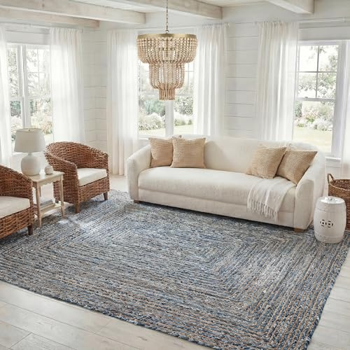 SAFAVIEH Tapis Boho pour Salon, Salle à Manger, Chambre à Coucher - Cape Cod Collection, Tapis à Poil Court, Bleu et Naturel, 183 X 274 cm