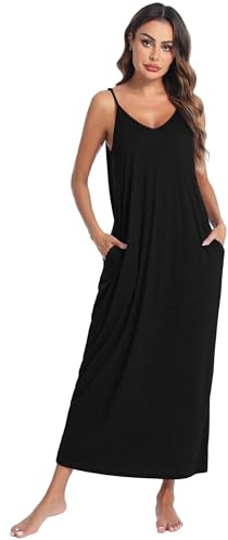 Nieery Cotton Long Nightshirt Nightdress for Women V Neck Longs Sleep Dress Ladies Loose Fit Nightie Casual with Pockets(Black, XX-Large)