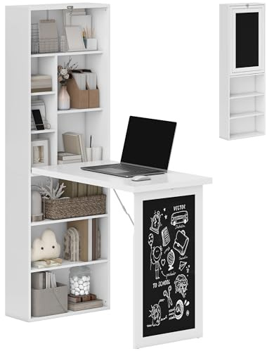 HOMCOM Bureau Informatique Pliable, Bureau avec Bibliothèque, Poste de Travail, Tableau Noir, 9 Compartiments Ouverts et Étagère Réglable, Table d'Ordinateur pour Chambre, 98x51x153cm, Blanc