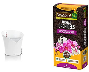 Lechuza – Pot pour Orchidée – Orchidea – Réserve d’Eau Intégrée – Coloris Blanc Mat – 18 x 18 x 20 cm & SOLABIOL TERORC6 Terreau Orchidées, Brun, 6 L