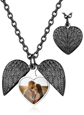 Custom4U Collana Donna Cuore Foto Medaglione Nero Ciondolo Nome Testo Inciso Collana Personalizzata Locket Apribile con Cuore Regali Commemorativi per Mamma Fidanzata 55+5 CM