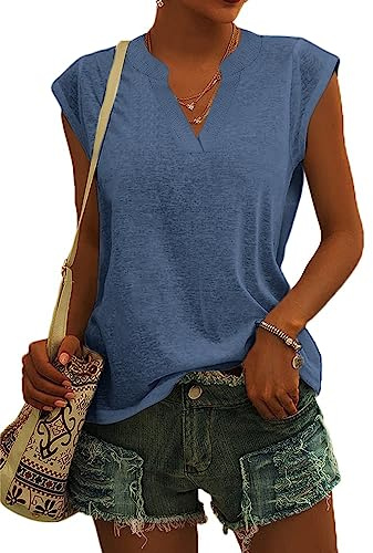 Cicy Bell Blusa Elegante sin Mangas para Mujer, Cuello en V, Camiseta para Mujer, Camiseta de Verano, Azul, XL