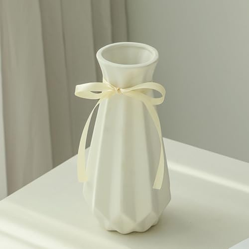 Origami Ceramic Vase with Ribbon, 7.9 H, Artistic Design Flower Vase Geometrical Style for Modern Home Decoration