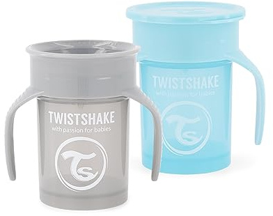 2 x Twistshake 360 Cup Gobelet d'Apprentissage à Boire à Bec 230 ml, Tasse d'Entraînement Bébé à Bec, Bordure 360° Antifuites, Ergonomiques, Sans BPA, 6+ Mois et, Gris Pastel & Bleu Pastel