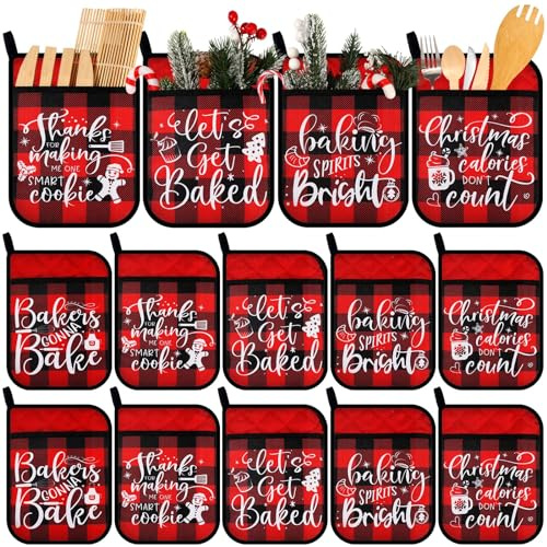 Yaomiao 10 Pcs Christmas Pot Holders with Pocket Pot Holder Potholder Gift Hot Pads Heat Resistant Oven Mitts Cookie Bag for Kitchen Baking Cooking (Red, Black,Plaid)