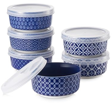 DOWAN Cuencos para salsas de porcelana, 176 ml, juego de 6 cuencos con tapa, apilables para salsa, aperitivos, postres, tapas, crema Brulee, cuencos azules y blancos, aptos para lavavajillas y