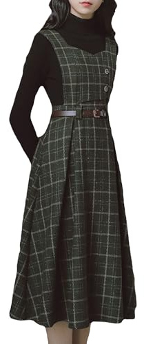Cuteighteen Robe sans manches à carreaux avec ceinture pour femme - Automne et hiver - En laine - Élégante - Midi - Robe tablier