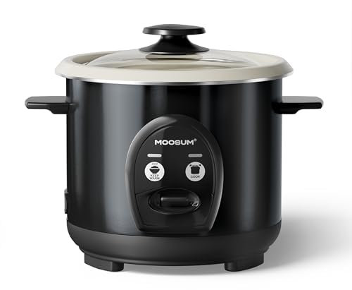 MOOSUM Rice Cooker with One Touch & Food Steamer,0.6L-3Cups,For 1-2 People,Fast Cooking Without Burning,Removable Non-Stick Coating incl,Keep-Warm 24h, Black