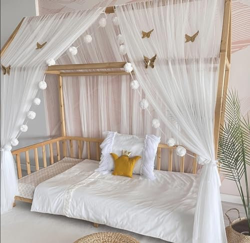 Baby Fancyroom Hausbett Himmel Betthimmel für Kinderbett Kinderzimmer Baldachin Bettvorhang Betthimmel für Mädchen Prinzessin Zimmer (Ecru, 300cm, ohne Schmetterlinge)