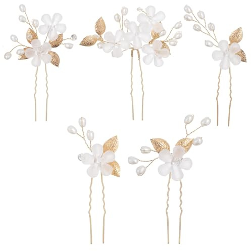 Broche Cheveux Mariage,5 PCS Épingle à Cheveux de Mariage Accessoires de Cheveuxs Mariages U-Shaped avec Fleurs Feuilles Perles et Strass pour Femme Fête Bridal Bijoux Ornement