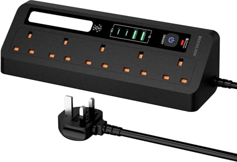 Desk Extension Lead with USB Slots, BOCHLION 2 USB C and 2 USB A Ports Power Socket With Night Light, 5 Way Plug Extension Socket Surge Protector, Desktop Power Strip 1.8M for Home Office-Black