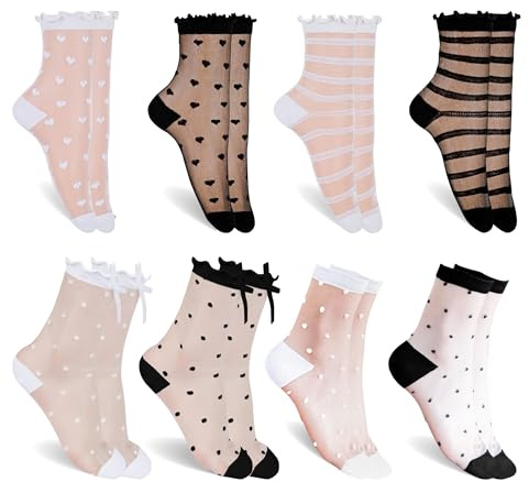 PYSEOSISE Chaussettes Transparentes, 8 Paires Chaussettes à Volants Femme, Ultra Fines Socquettes en Nylon Transparentes Été Chaussette Cheville à Volants pour Femme 32-38