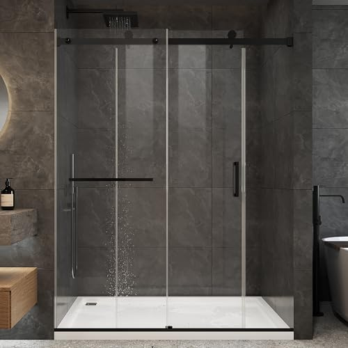 Frameless Sliding Shower Door, 56-60 W x 76 H, 1/4 (6mm) Clear Tempered Glass with Explosion-Proof Film & Nano Coating, Stainless Steel Flat Rail Single Sliding Door for Walk in Shower, Matte Black