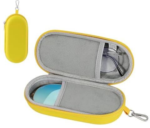 MoKo Double Glasses Case Hard Shell, Portable Travel Eyeglasses Case with Zipper Closure & Metal Hanging Hook, PU Leather Dual Sunglass Organizer for Women, Men, Yellow