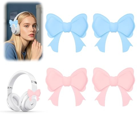 Sgmforge Cute Headphone Bows Accessories for Teen Girls, 4-Pack Pink Blue Silicone Headset Decorations, Non-Slip Waterproof Kawaii Headphone Clips for Gaming Headset, Gift for Women Gamers
