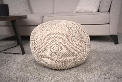 Knitted Cotton Round Pouf, Beige RW973