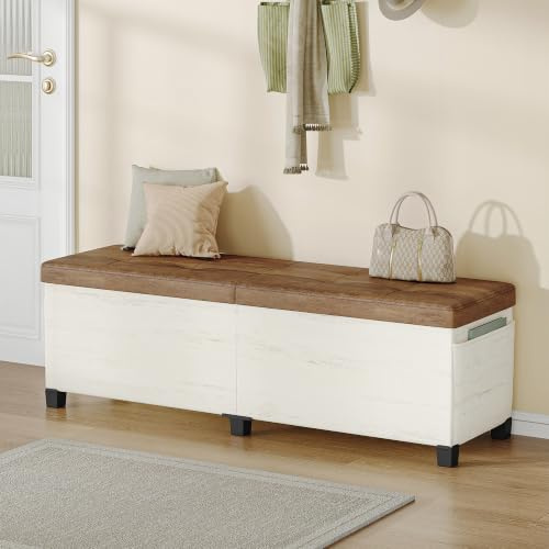 Hzuaneri Banc de Rangement, Revêtement Lin, 40x140x44cm, Blanc Marron