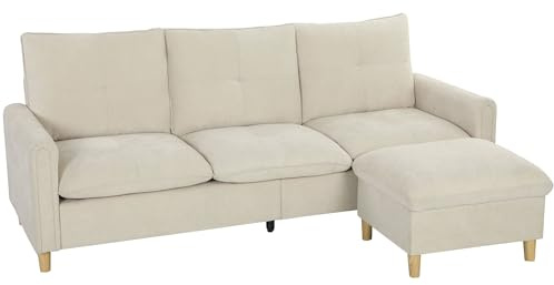 HOMCOM Divano a 3 posti con pouf portaoggetti divano angolare modulabile 210 cm moderno seduta ampia imbottita cuscini a molla, tessuto effetto lino, gambe in legno di albero della gomma, per