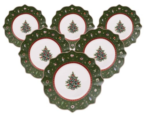 Villeroy & Boch Toy's Delight Lot de 6 assiettes à petit-déjeuner, 24 cm, vaisselle de Noël, assiettes à biscuits et à biscuits pour Noël, en porcelaine de qualité supérieure, vertes
